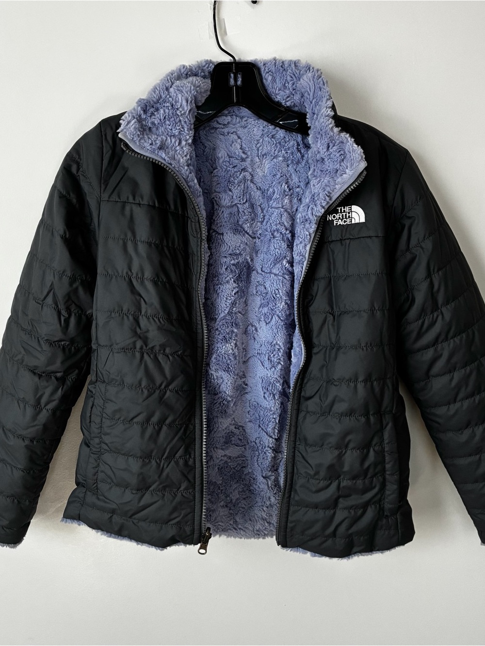 The North Face Kids Black Puffer Jacket with Lavender Faux-Fur Lining